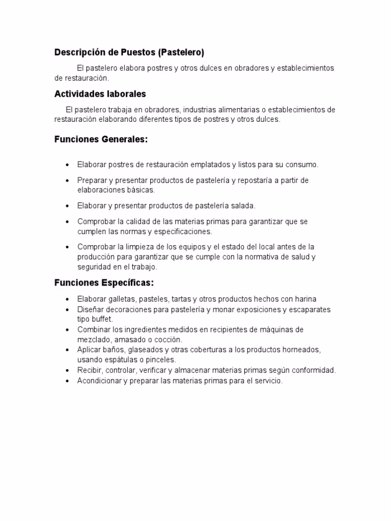 ¿Cuál es la descripción del trabajo de un pastelero?
